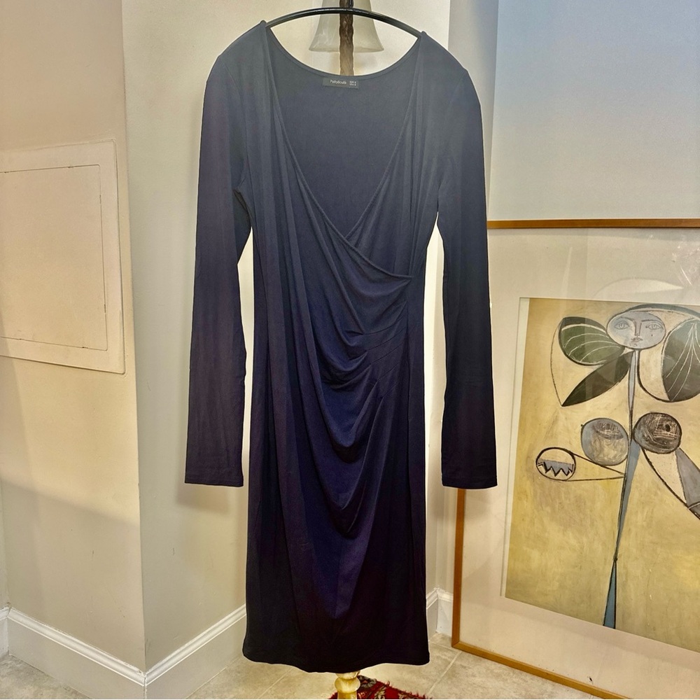 Patty Boutik Jersey Faux Wrap Dress Rayon Spandex Size M Blue Midi Long Sleeve